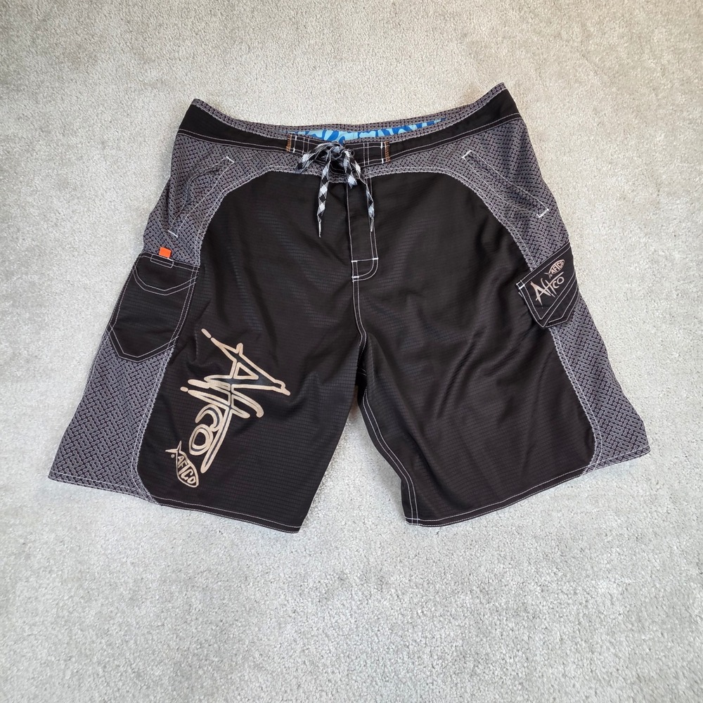 AFTCO Mens Board Shorts Size 38 Black Grey Ripstop Fishing Surf Swim Trunks